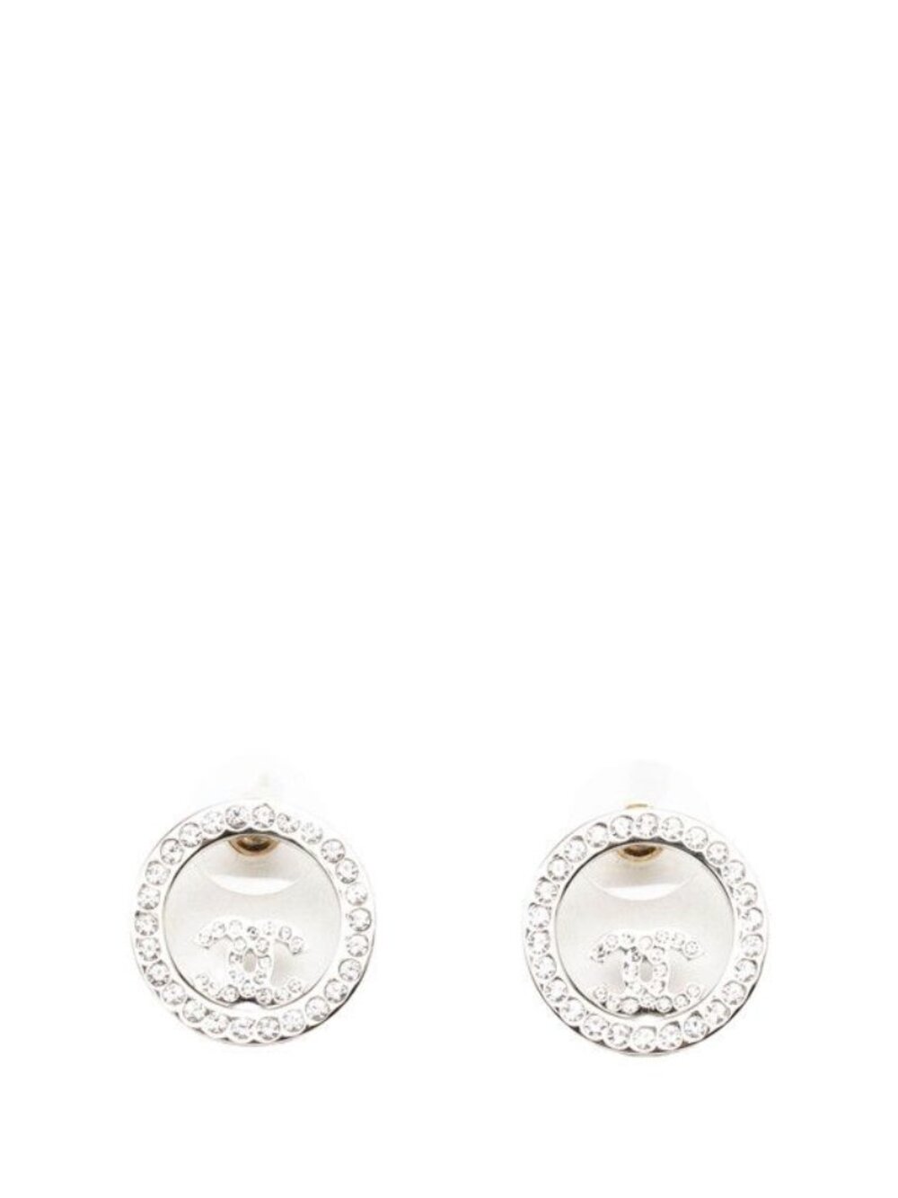 Chanel CC Logo Round Stud Earrings Silver Metal Rhinestone